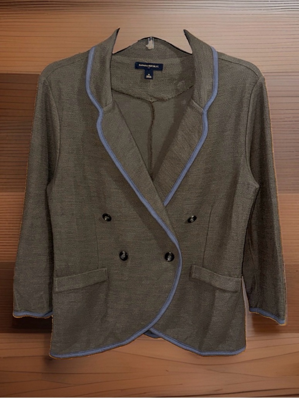 Banana Republic Olive Green Double-Breasted Cotton Knit Blazer w/Blue Trim-M-GC
